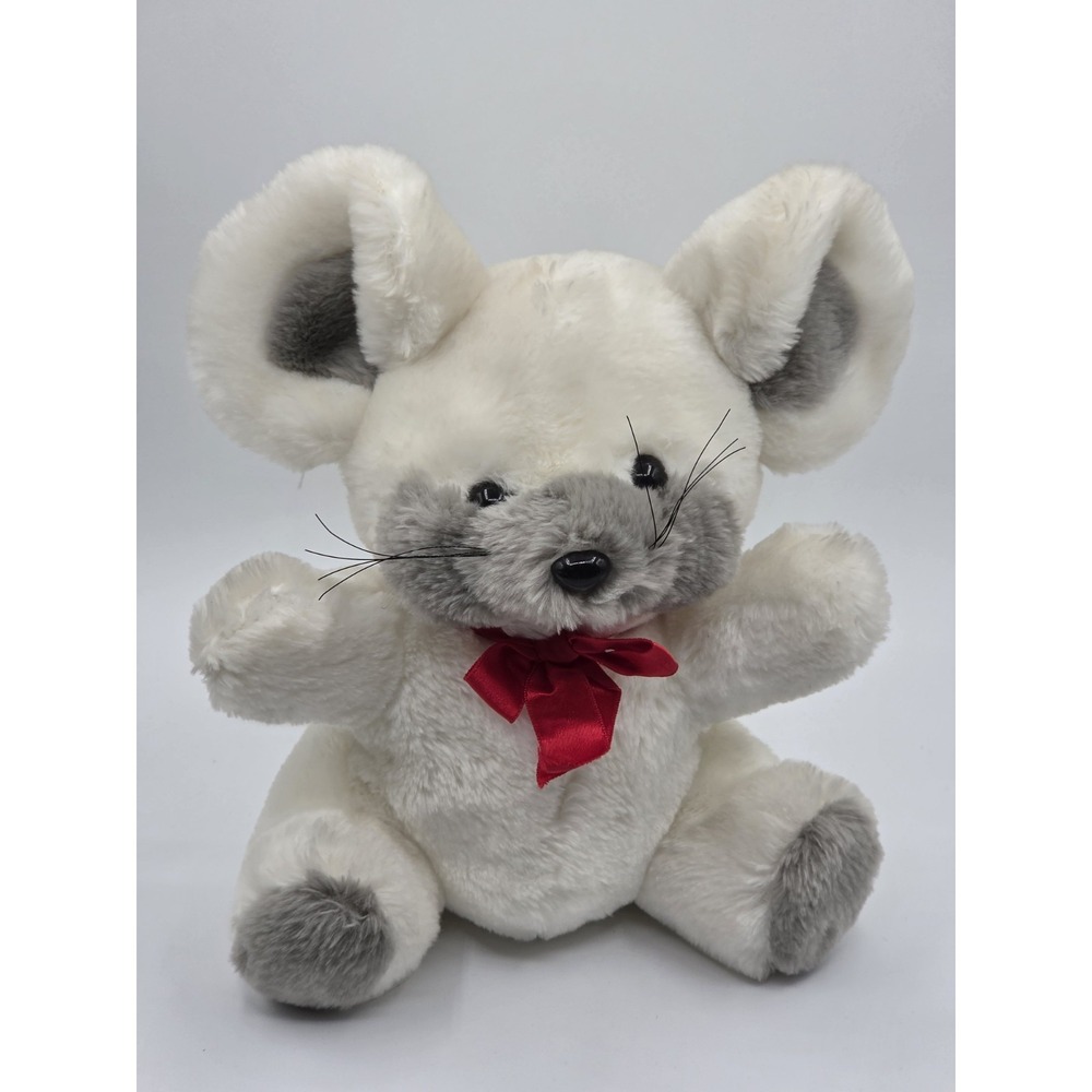 Vintage 80's Christmas Mouse Plush Red Bow Plush Toy Soft